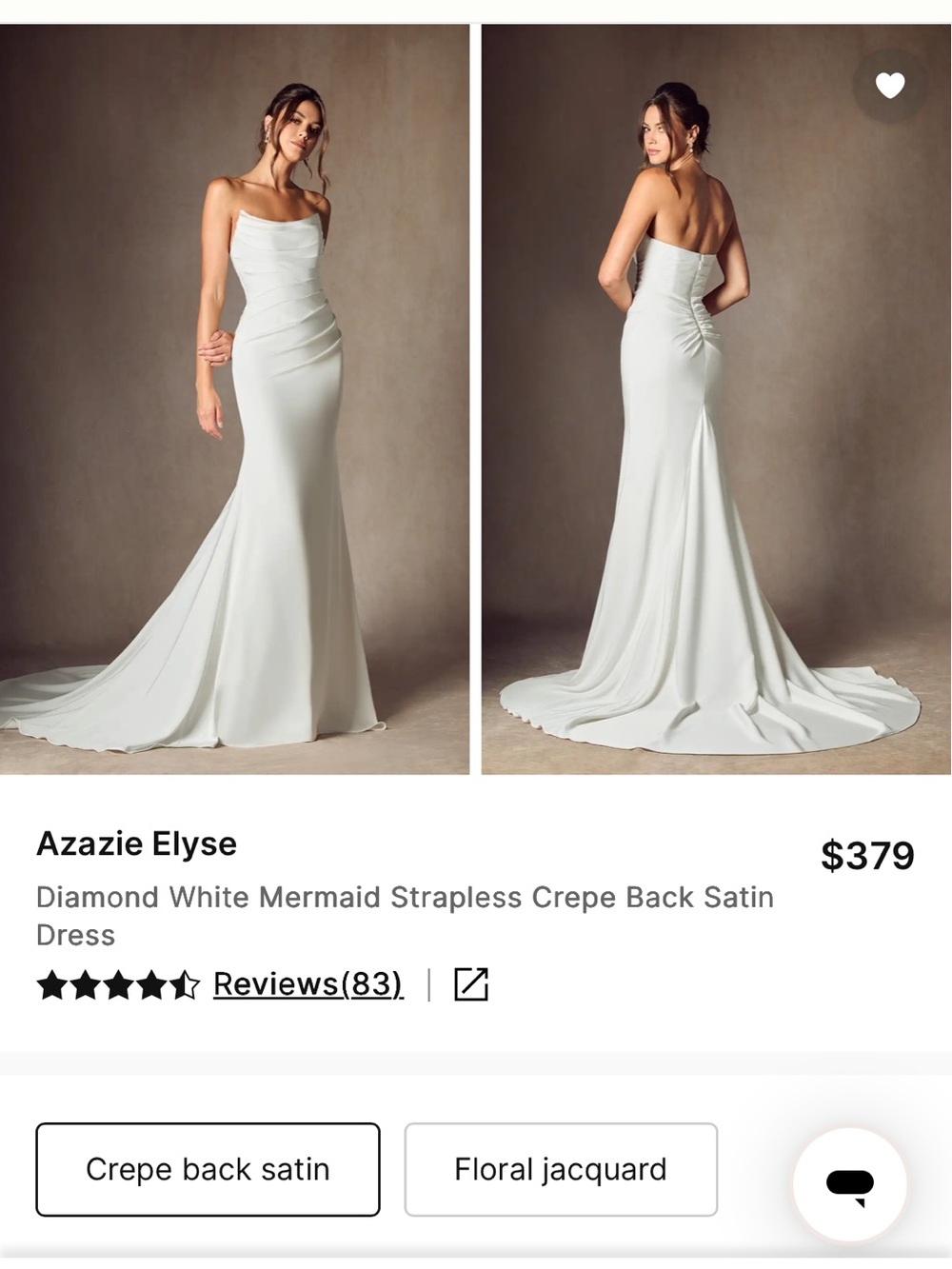 NWT Azazie Elyse Strapless Mermaid Dress in Diamond White